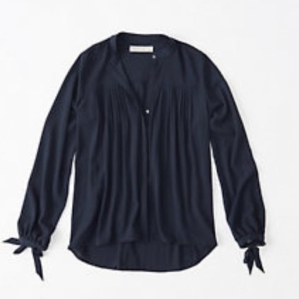 A&F Women Navy Pleated Blouse Long Sleeve